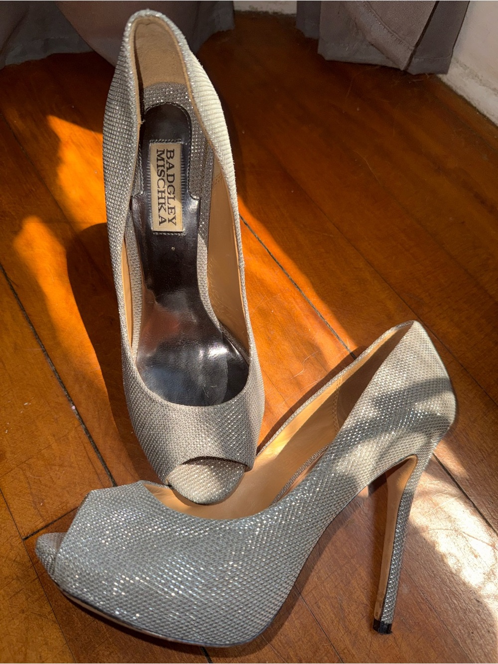 Badgley Mischka Sparkling Silver Peep-Toe Platform Pumps